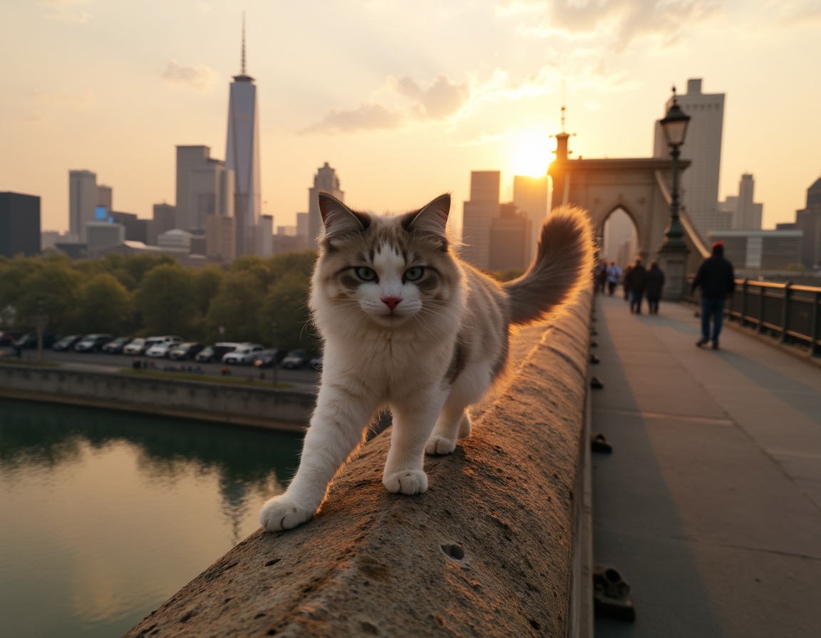 Cat explores a scenic urban bridge, taking in the breathtaking views of the skyline.